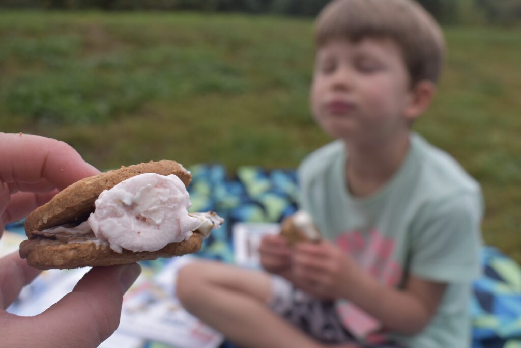 Camping activities: Photo of a 6 year olds boy eating s'mores