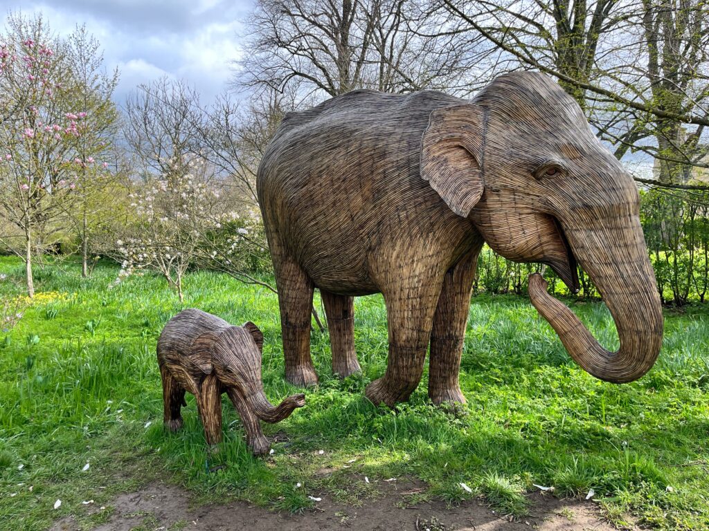 photo of two wooden elephants, just some of the sculptures on display at Sudeley Castle, which you can visit from free with a Blue Peter Badge